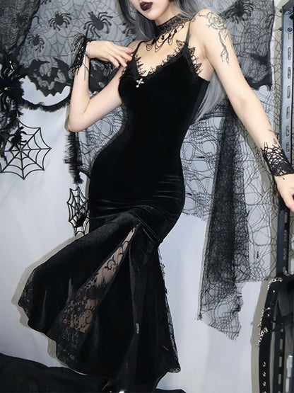 Velvet Sweetheart Lace Trim Cross Pendant Lace Godet Mermaid Maxi Dress