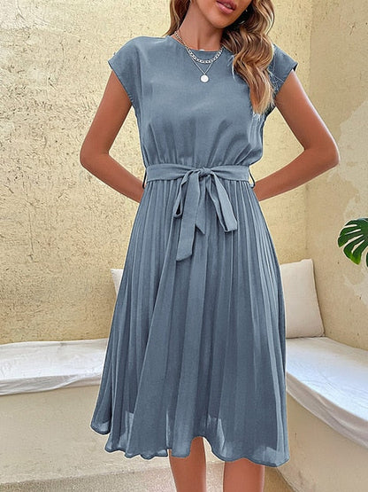 Cap Sleeve Tie Waist Accordion Pleat Midi Dress