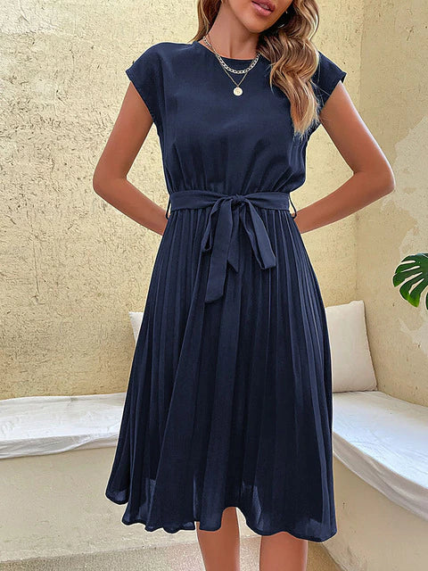 Cap Sleeve Tie Waist Accordion Pleat Midi Dress