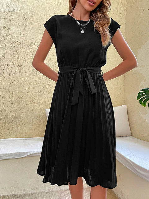 Cap Sleeve Tie Waist Accordion Pleat Midi Dress