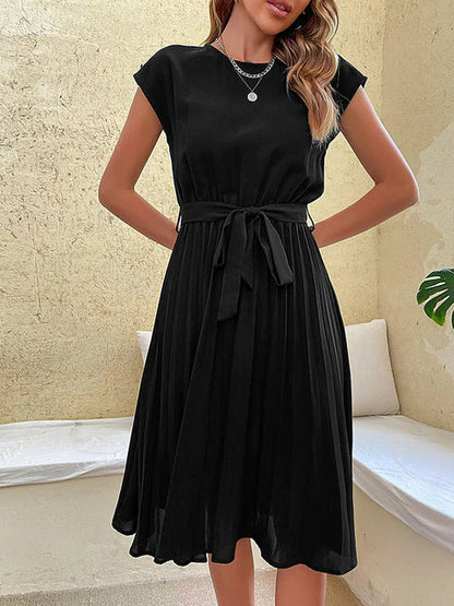 Cap Sleeve Tie Waist Accordion Pleat Midi Dress