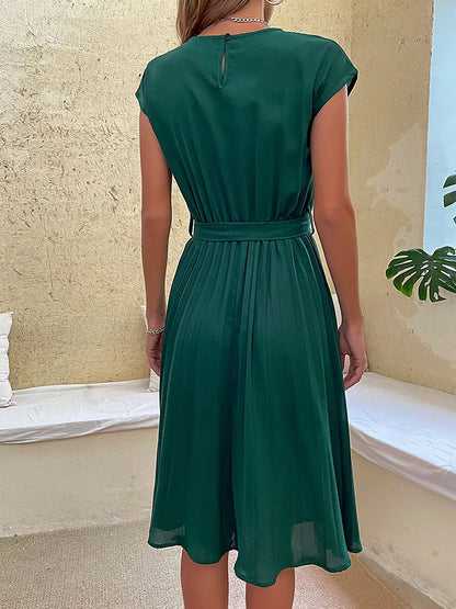 Cap Sleeve Tie Waist Accordion Pleat Midi Dress