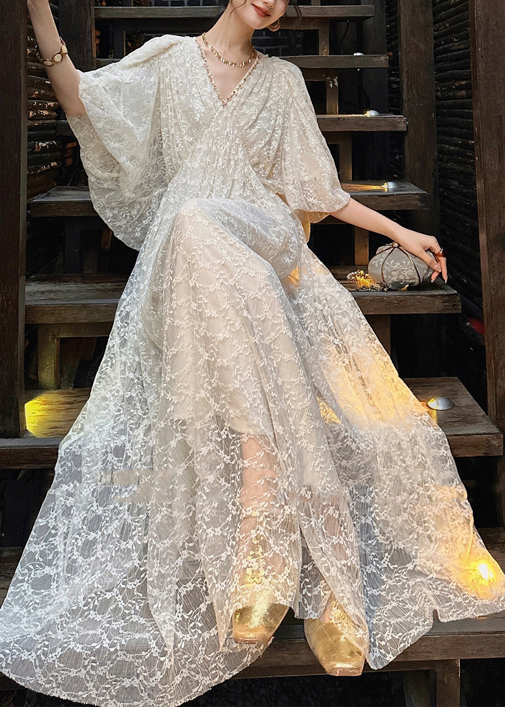 Deep V Neck Beaded Trim Puff Sleeve Floral Burnout Lace Maxi Dress