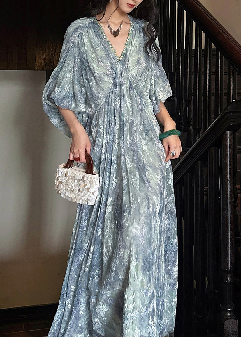 Deep V Neck Beaded Trim Puff Sleeve Floral Burnout Lace Maxi Dress