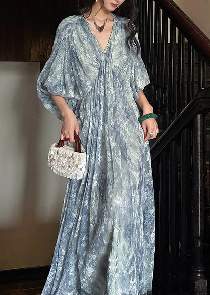 Deep V Neck Beaded Trim Puff Sleeve Floral Burnout Lace Maxi Dress