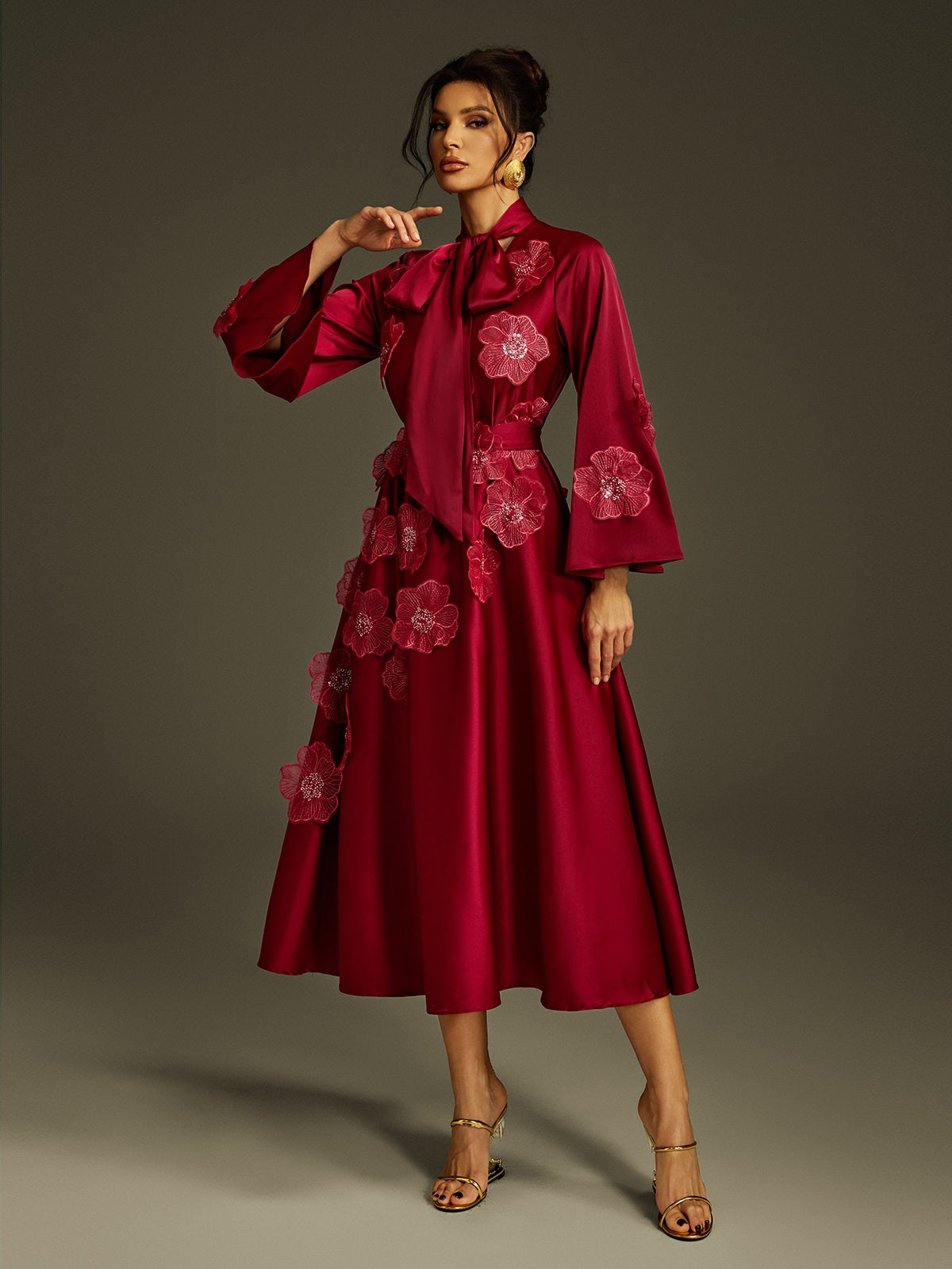 Pussy Bow Long Sleeve 3D Floral Applique Satin Midi Dress