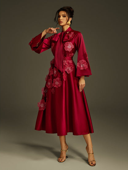 Pussy Bow Long Sleeve 3D Floral Applique Satin Midi Dress