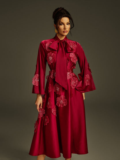 Pussy Bow Long Sleeve 3D Floral Applique Satin Midi Dress