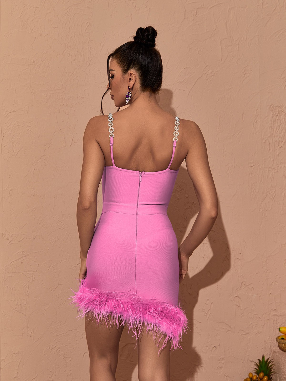 Rhinestone Chain Strap Feather Hem Bandage Mini Dress