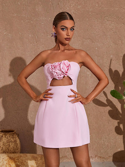 Strapless Bandeau 3D Rosette Midriff Cutout Mini Dress