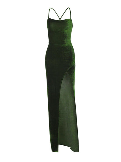 Green Velvet Lace-Up Maxi Dress - Backless Bodycon Party Dress
