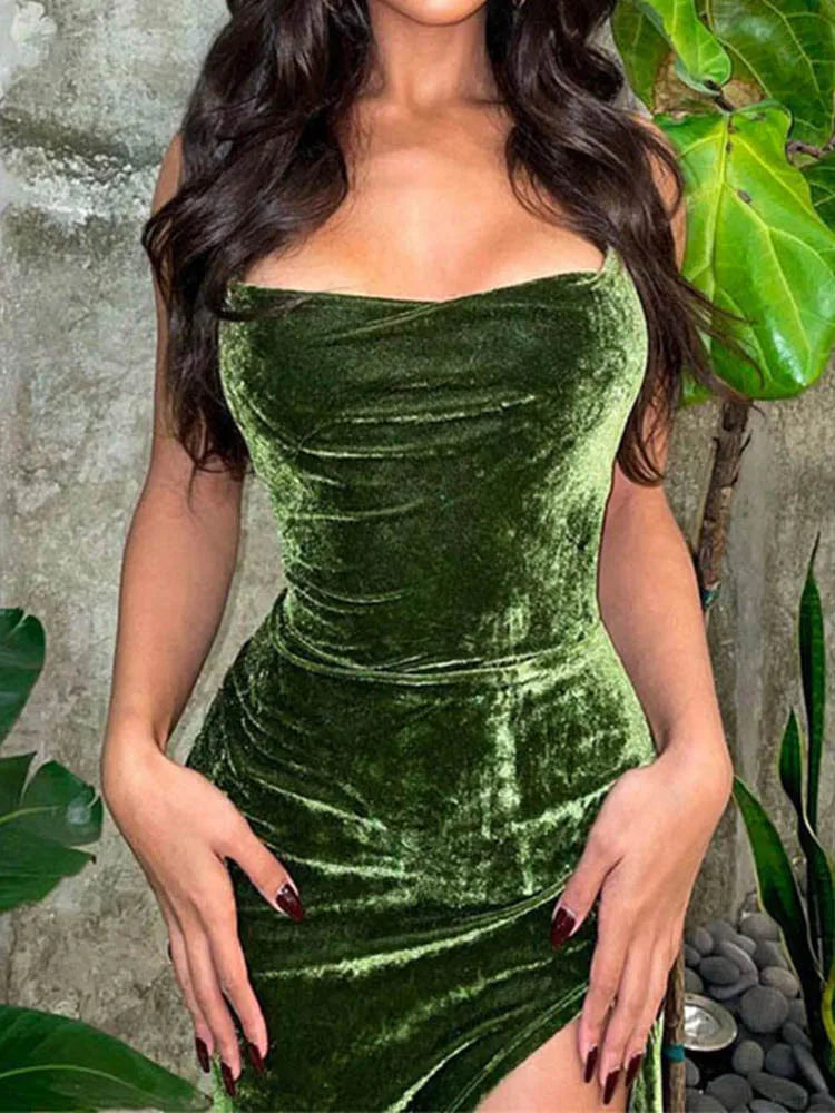 Green Velvet Lace-Up Maxi Dress - Backless Bodycon Party Dress