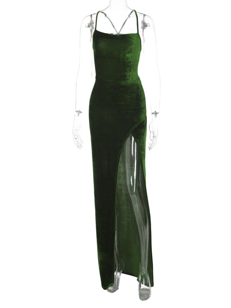 Green Velvet Lace-Up Maxi Dress - Backless Bodycon Party Dress