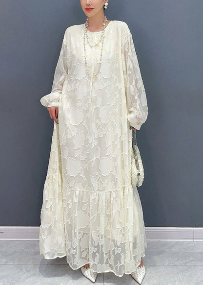 Crew Neck Floral Burnout Sheer Jacquard Ruffle Hem Puff Sleeve Maxi Dress