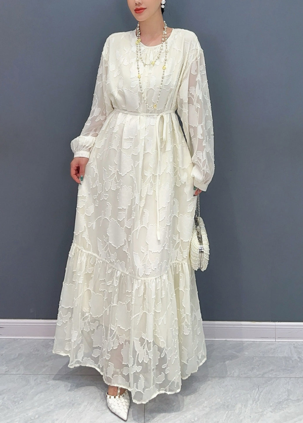 Crew Neck Floral Burnout Sheer Jacquard Ruffle Hem Puff Sleeve Maxi Dress