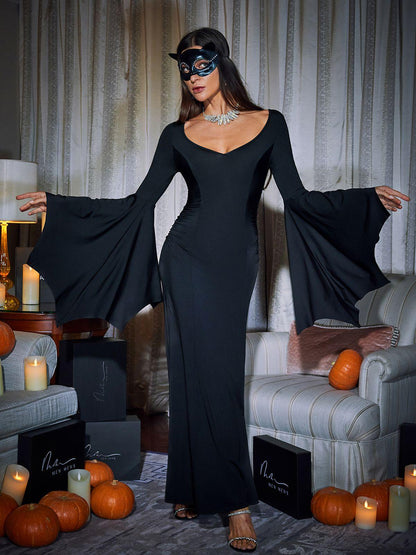 Deep V Scalloped Batwing Sleeve Ruched Column Maxi Dress