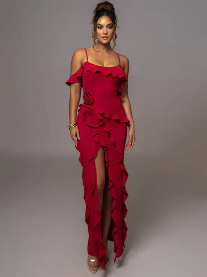 Mozision Elegant Ruffle Sexy Maxi Dress Women Spaghetti Strap Flower Party Dress