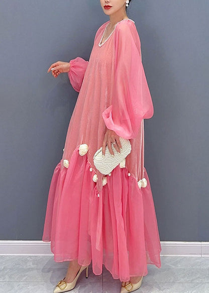 Pearl Trim Deep V Chiffon Balloon Sleeve Tiered Ruffle Maxi Dress