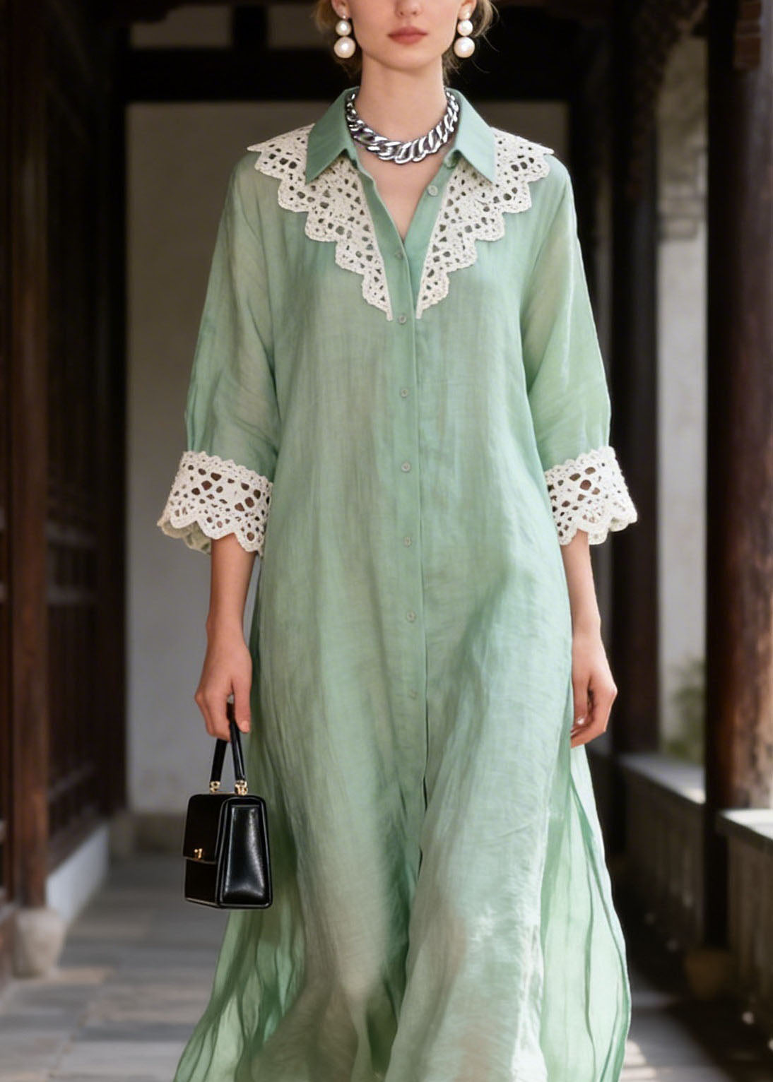 Pointed Collar Oversized Crochet Lace Collar Cuff Side Slit Linen Maxi Shirt Dress
