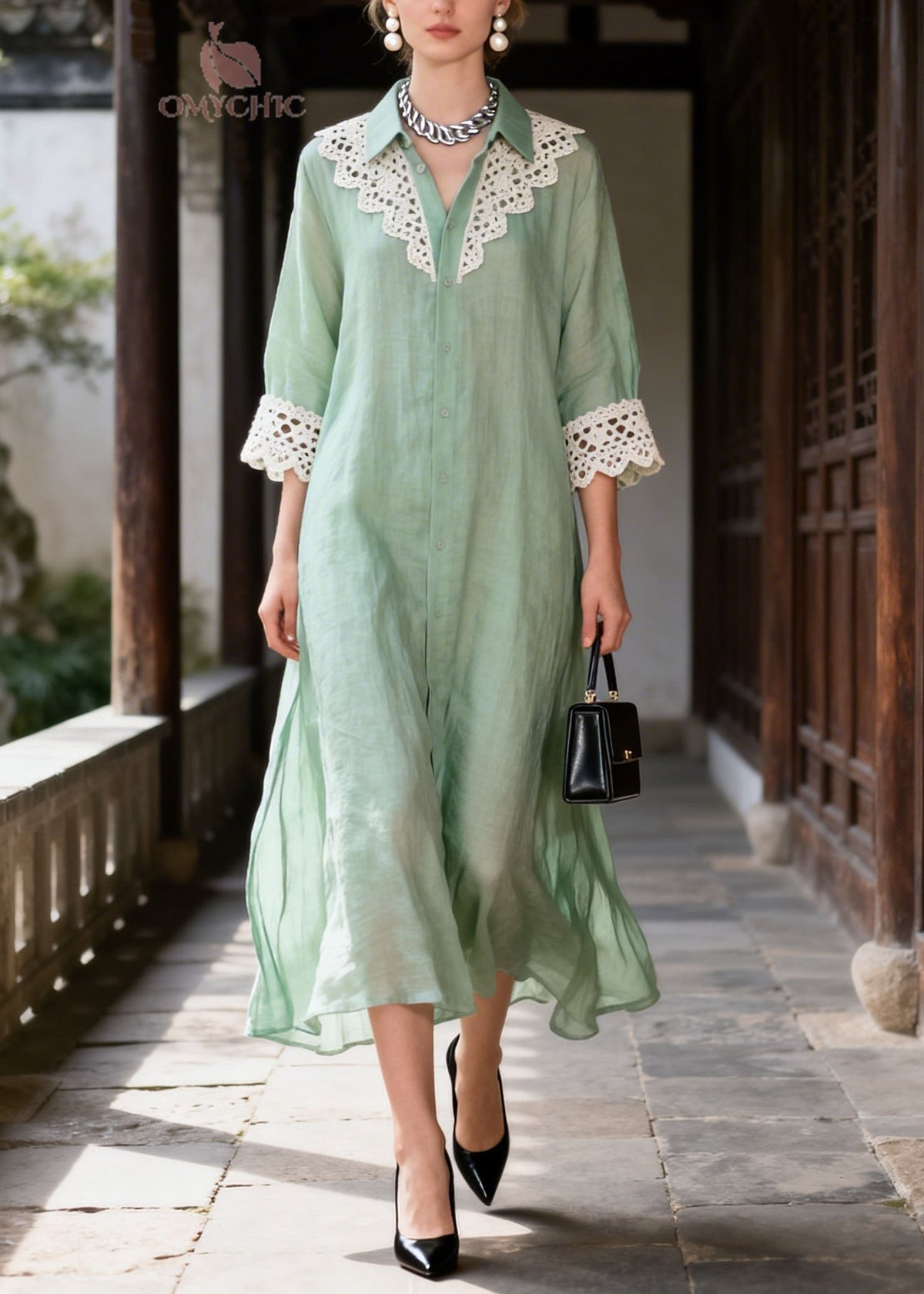 Pointed Collar Oversized Crochet Lace Collar Cuff Side Slit Linen Maxi Shirt Dress