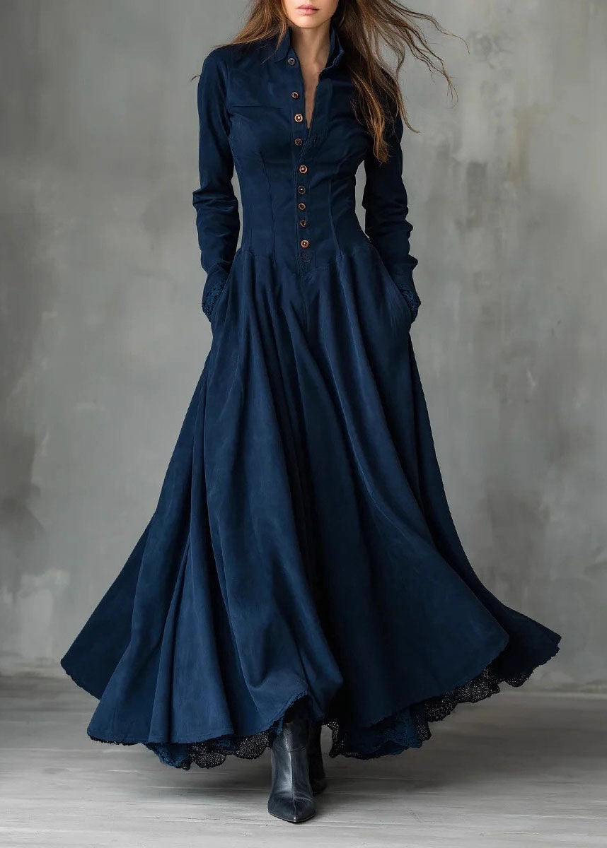 Peter Pan Collar Lace Patchwork Pleated Pocket Maxi Shirt Dress