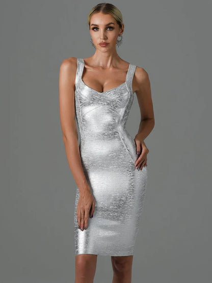 Sweetheart Criss-Cross Bandage Wide Strap Metallic Foil Bodycon Midi Dress