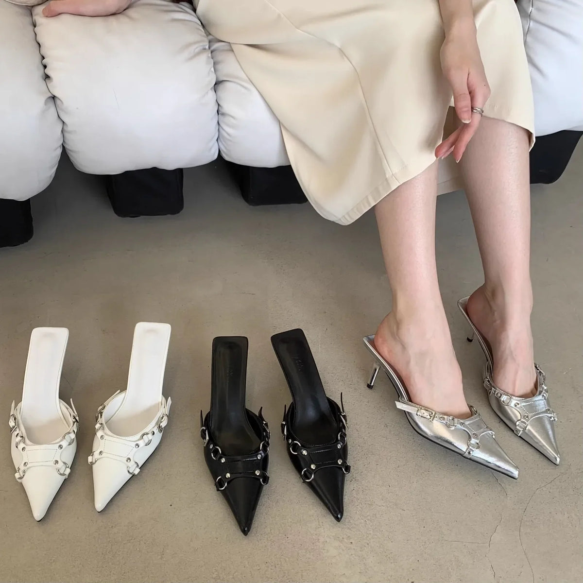 New Outdoor Square Mules Glitter Slides Multicolored Cover Toe High Low Heel Pumps