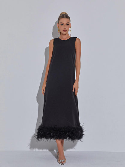 Sleeveless Crew Neck Feather Hem Midi Dress