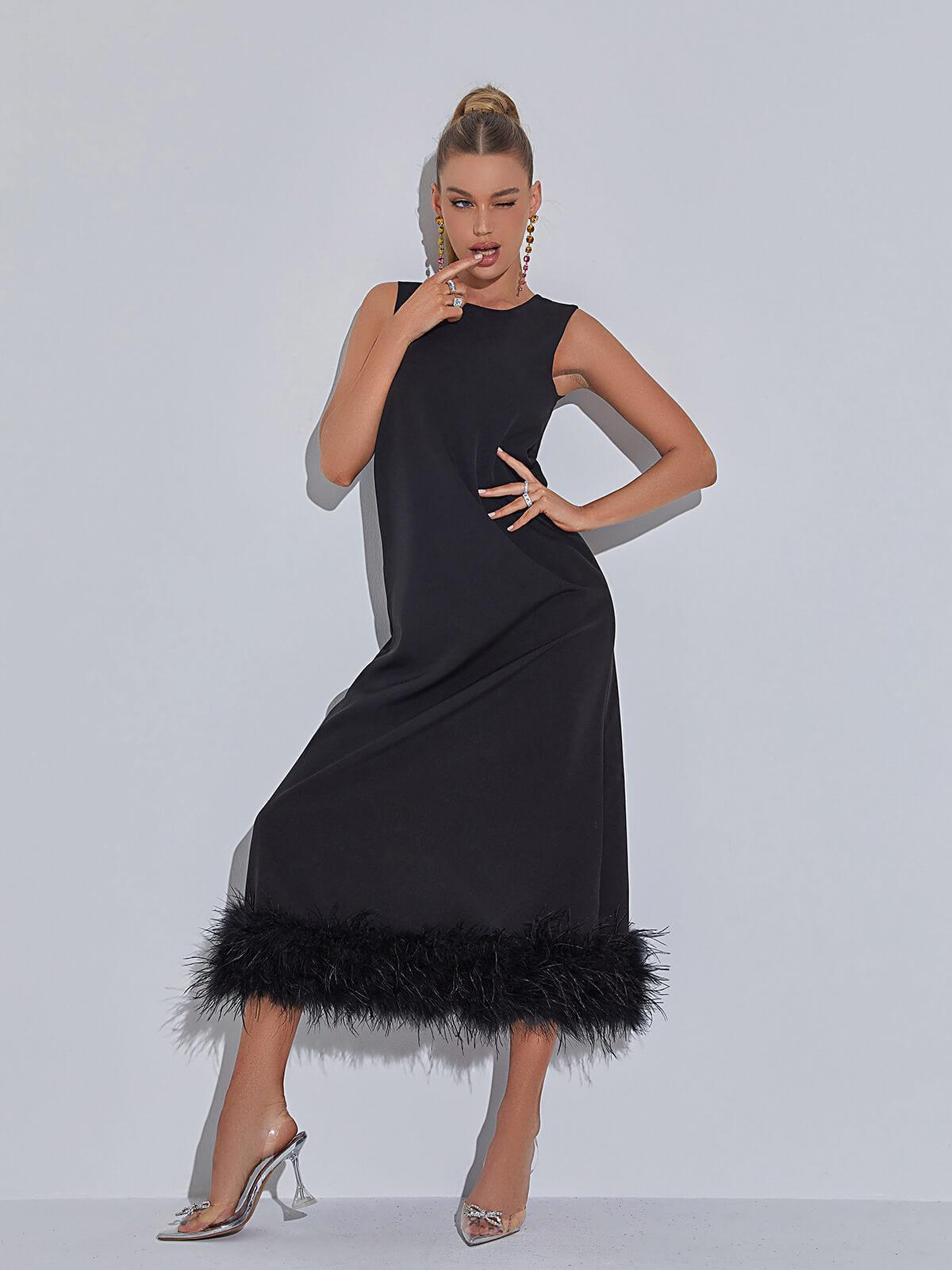 Sleeveless Crew Neck Feather Hem Midi Dress