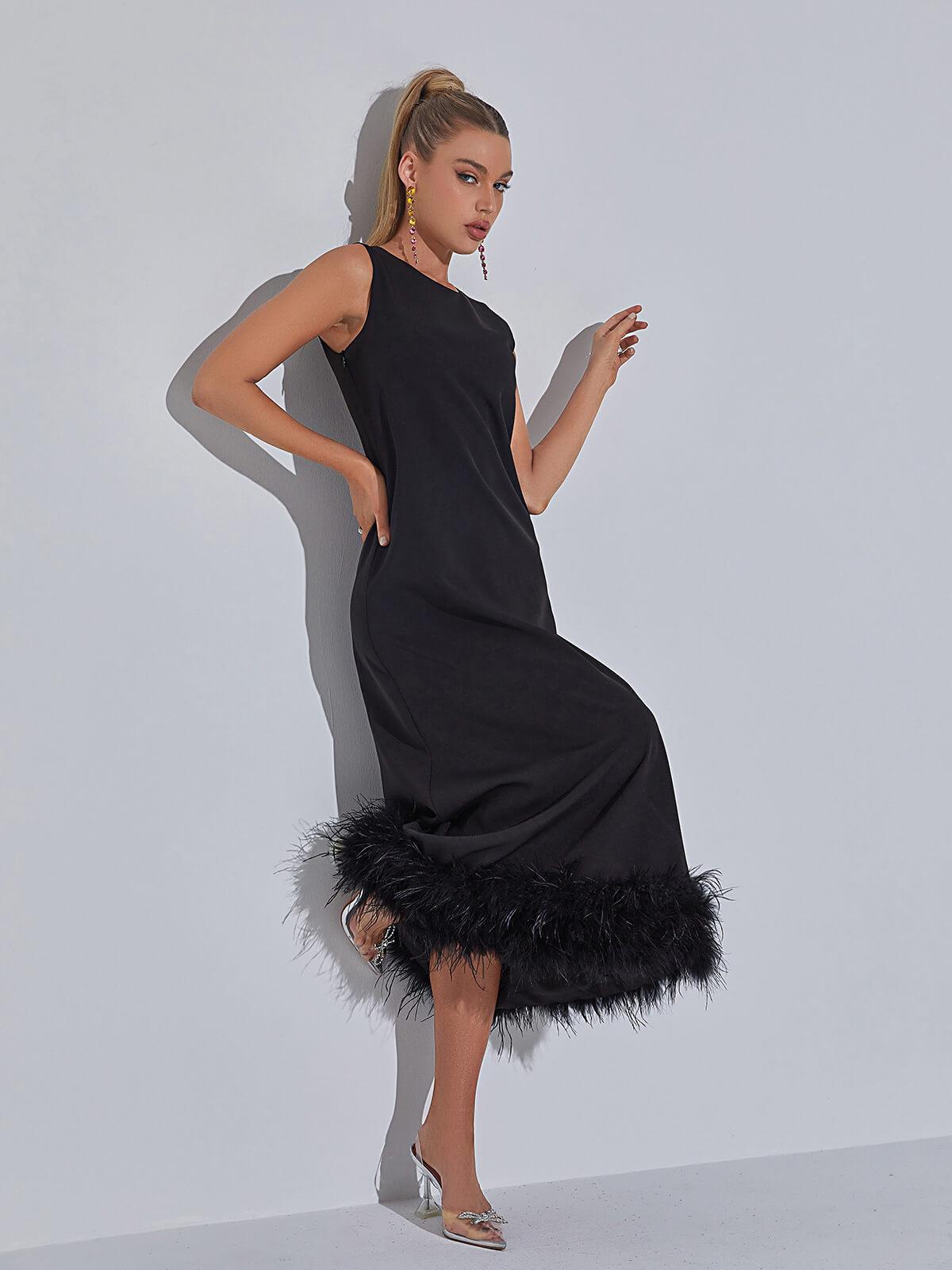 Sleeveless Crew Neck Feather Hem Midi Dress