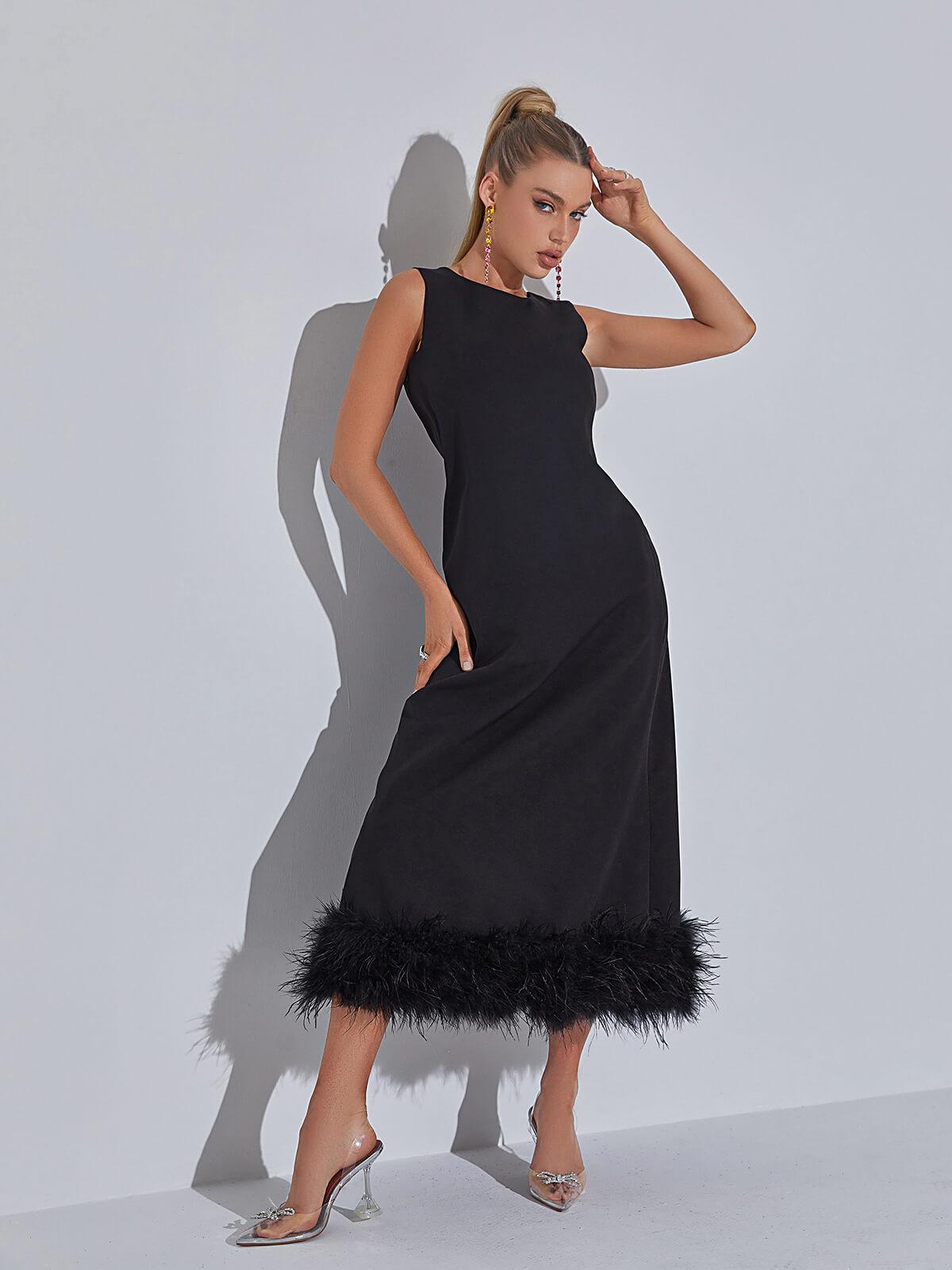 Sleeveless Crew Neck Feather Hem Midi Dress