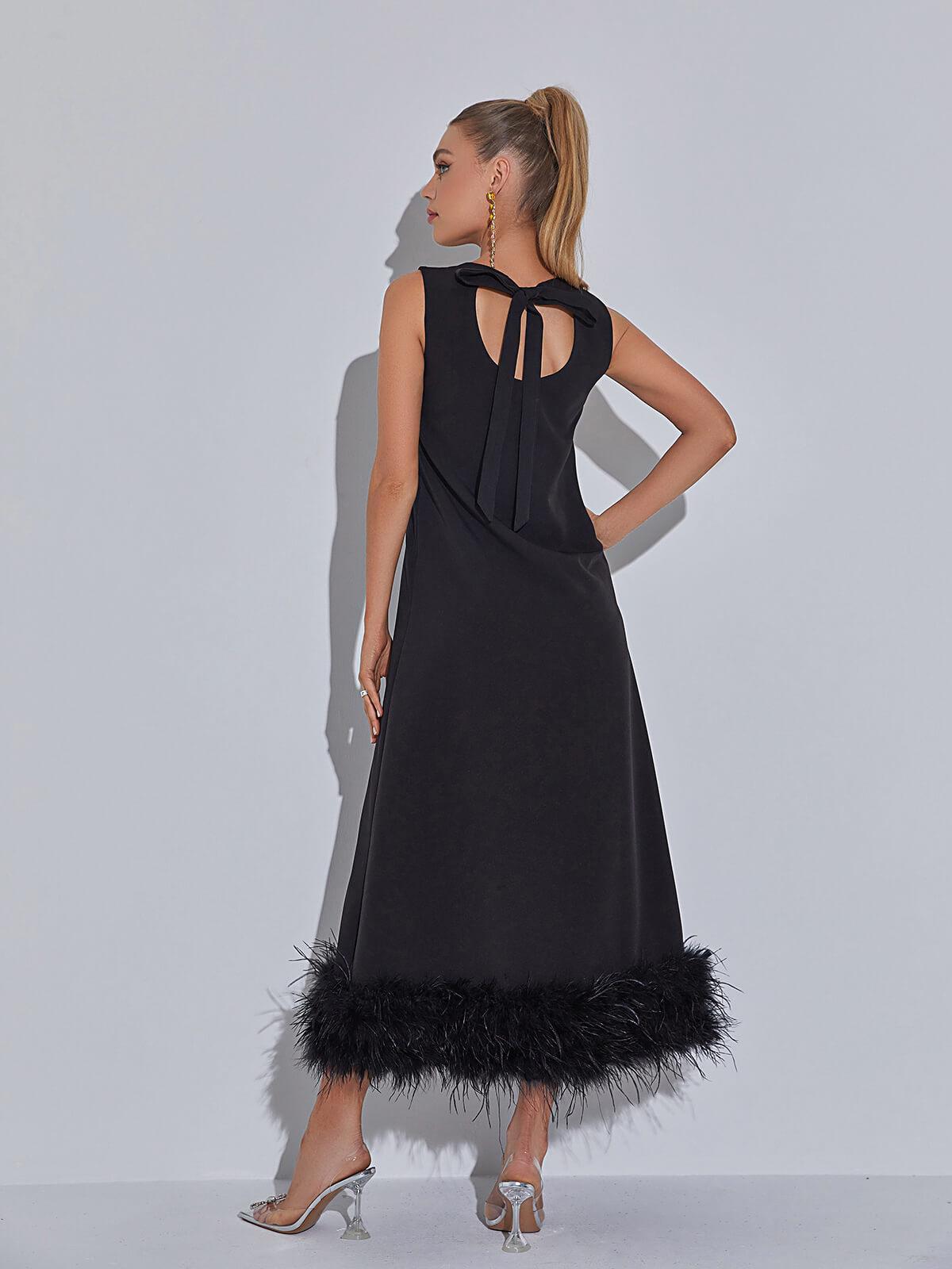 Sleeveless Crew Neck Feather Hem Midi Dress