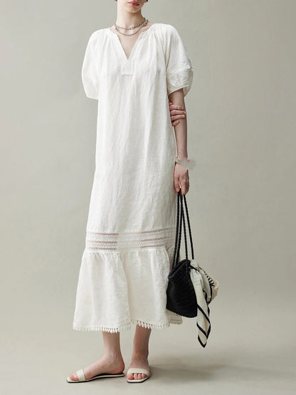 White linen loose lace midi sundress
