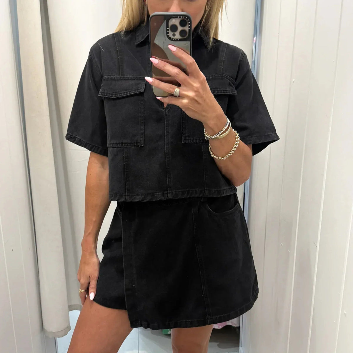 Women’s Denim Two Piece Skirt Set with Cropped Top