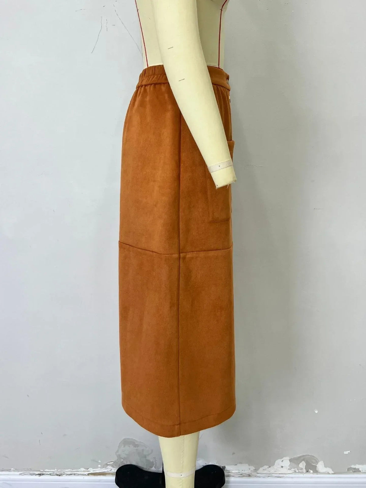 Corduroy Midi Skirt High Waist Button Front Brown A-Line