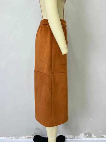 Corduroy Midi Skirt High Waist Button Front Brown A-Line