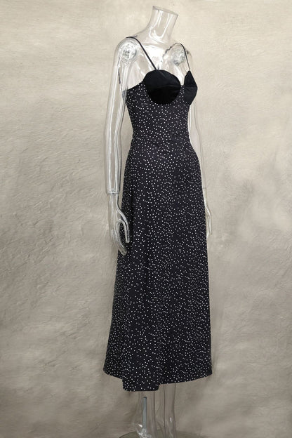 Sweetheart Scallop Velvet Bust Polka Dot Spaghetti Strap Midi Dress