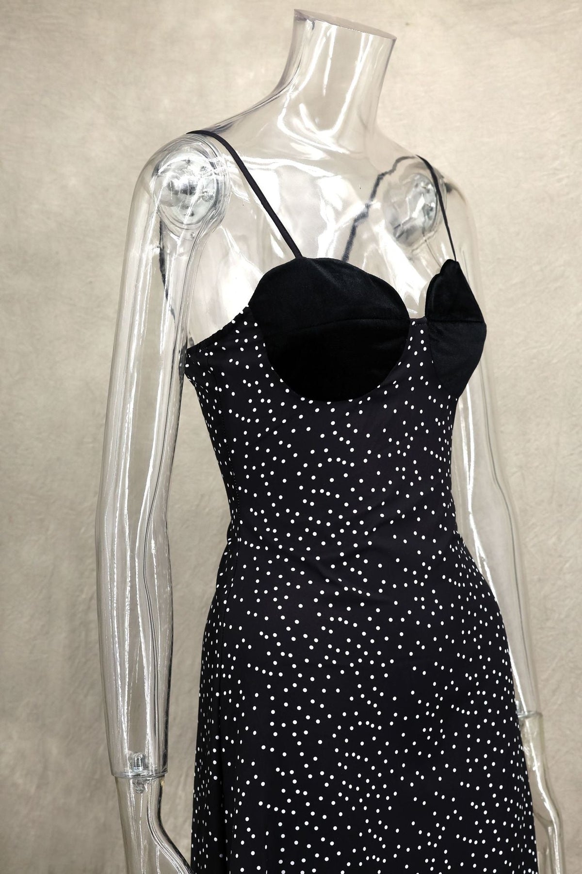 Sweetheart Scallop Velvet Bust Polka Dot Spaghetti Strap Midi Dress