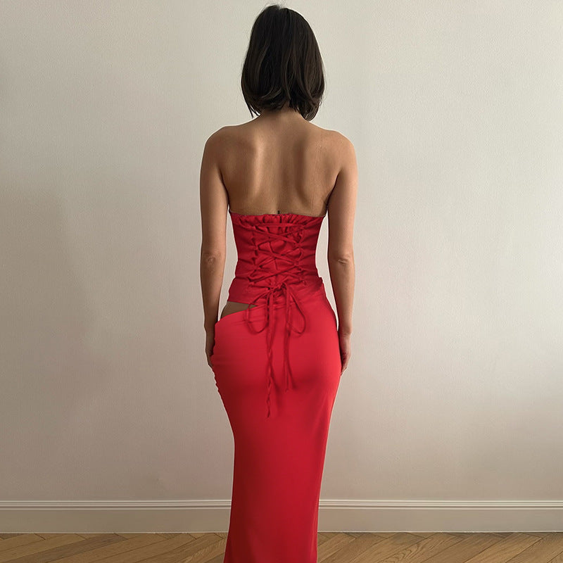 Strapless Corset Bodice Draped Column Maxi Gown Two-Piece Look