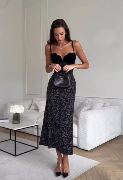 Sweetheart Scallop Velvet Bust Polka Dot Spaghetti Strap Midi Dress