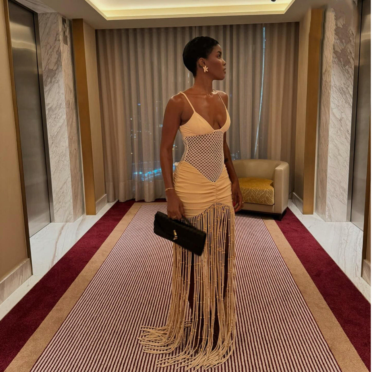 Spaghetti Strap V-Neck Mesh Panel Ruched Fringe Hem Maxi Dress