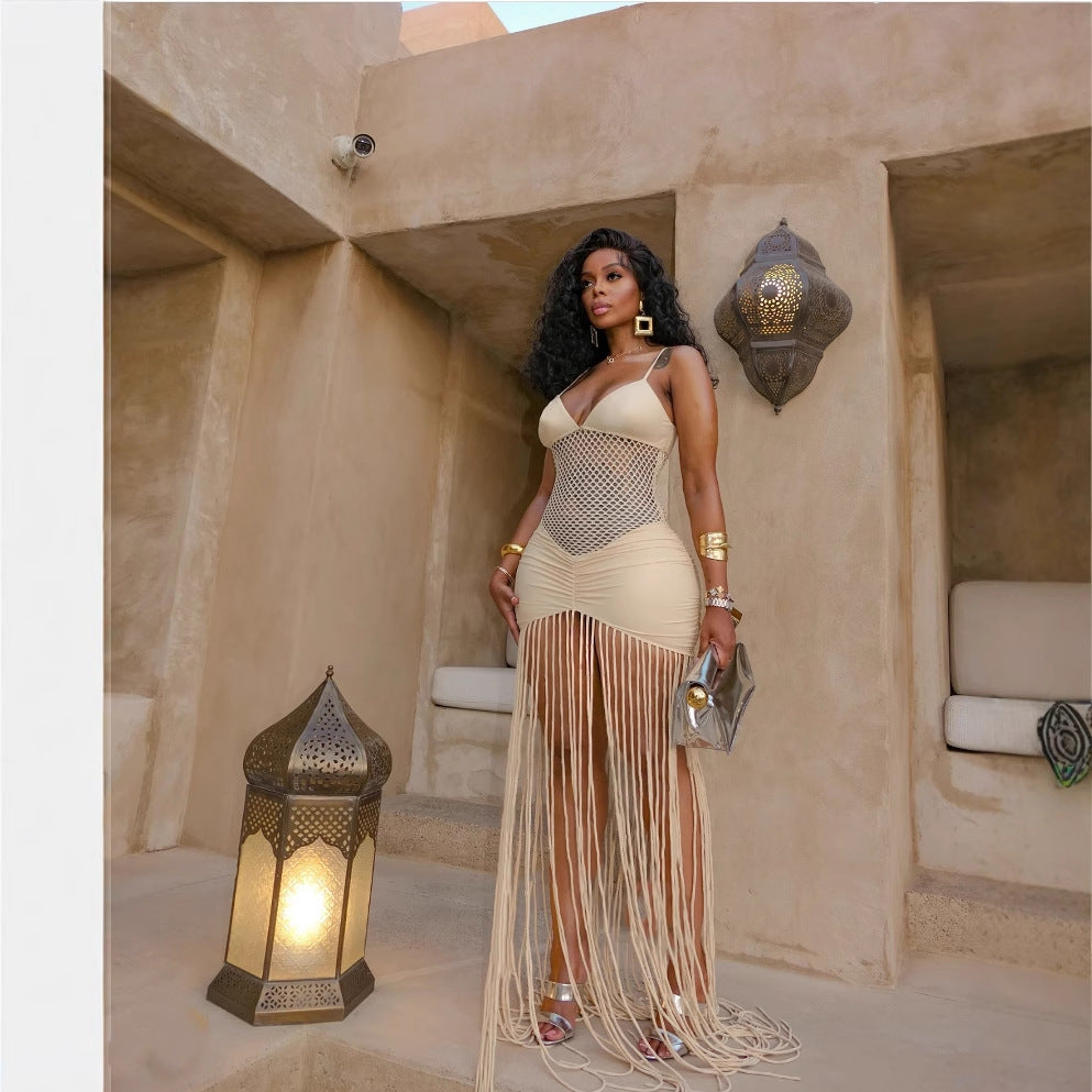 Spaghetti Strap V-Neck Mesh Panel Ruched Fringe Hem Maxi Dress