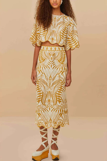 Korra Linen Blend Unique Print Wave Trim Bell Sleeve Top and Elastic Waist Pocket Midi Skirt Set