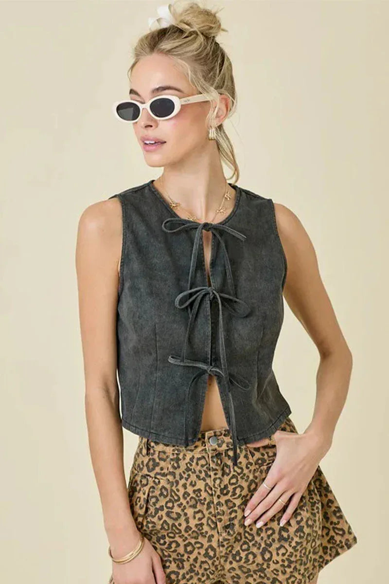 Women's Tie Front Denim Vest Crop Top Summer Layer