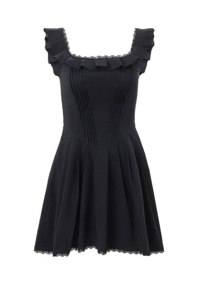 Square Neck Ruffle Strap Corset Bodice Pleated Skater Mini Dress