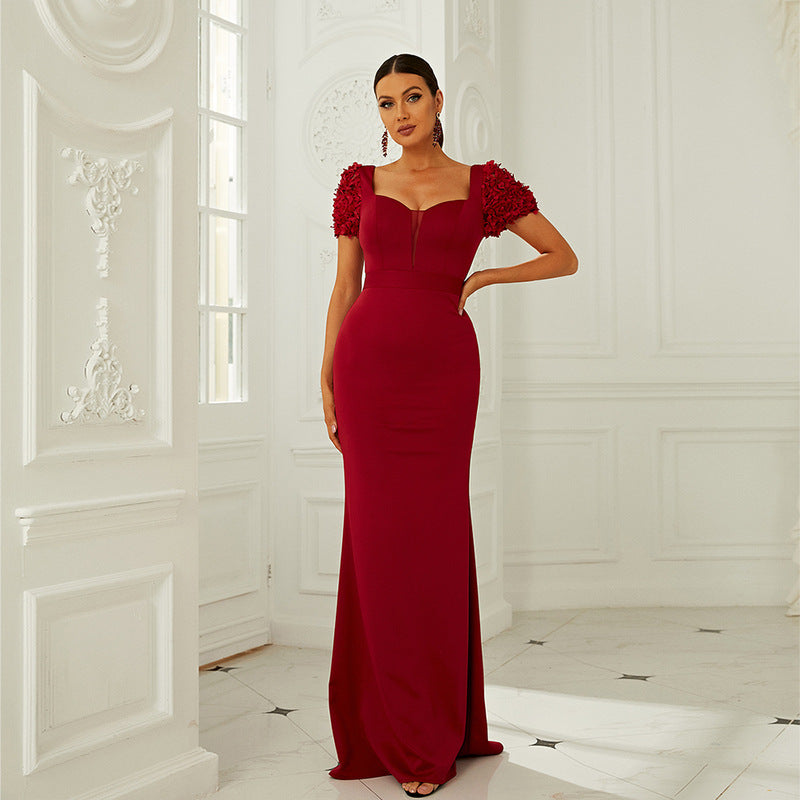 Sweetheart Neck Textured Cap Sleeve Rhinestone Waistband Mermaid Maxi Gown