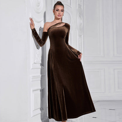 Velvet One Shoulder Cut Out Long Sleeve High Split Fit and Flare Maxi Gown