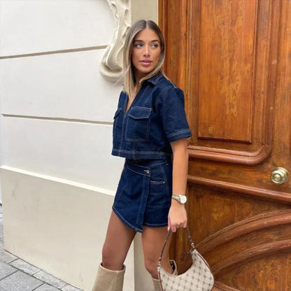 Women’s Denim Two Piece Skirt Set with Cropped Top
