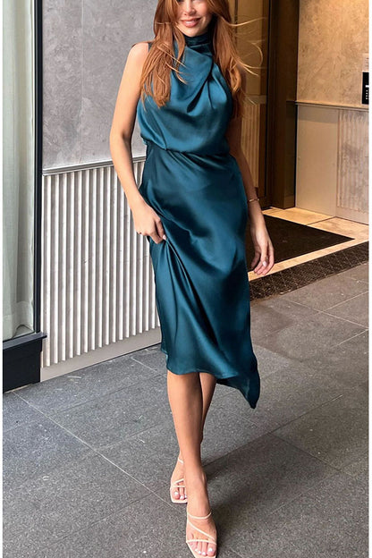Classic on You Satin High Cowl Neck Top and Elastic Waist Pocket Loose Pants Set