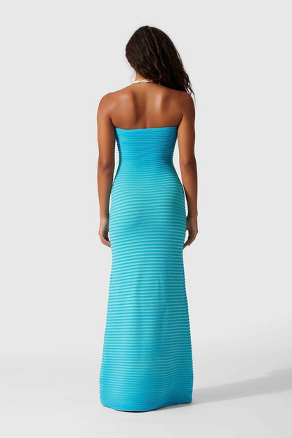 Strapless Horizontal Stripe Knit Bodycon Maxi Dress